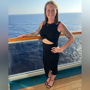 Oten Black Cutout Midi Dress | Twist Front | Bodycon | Size Small